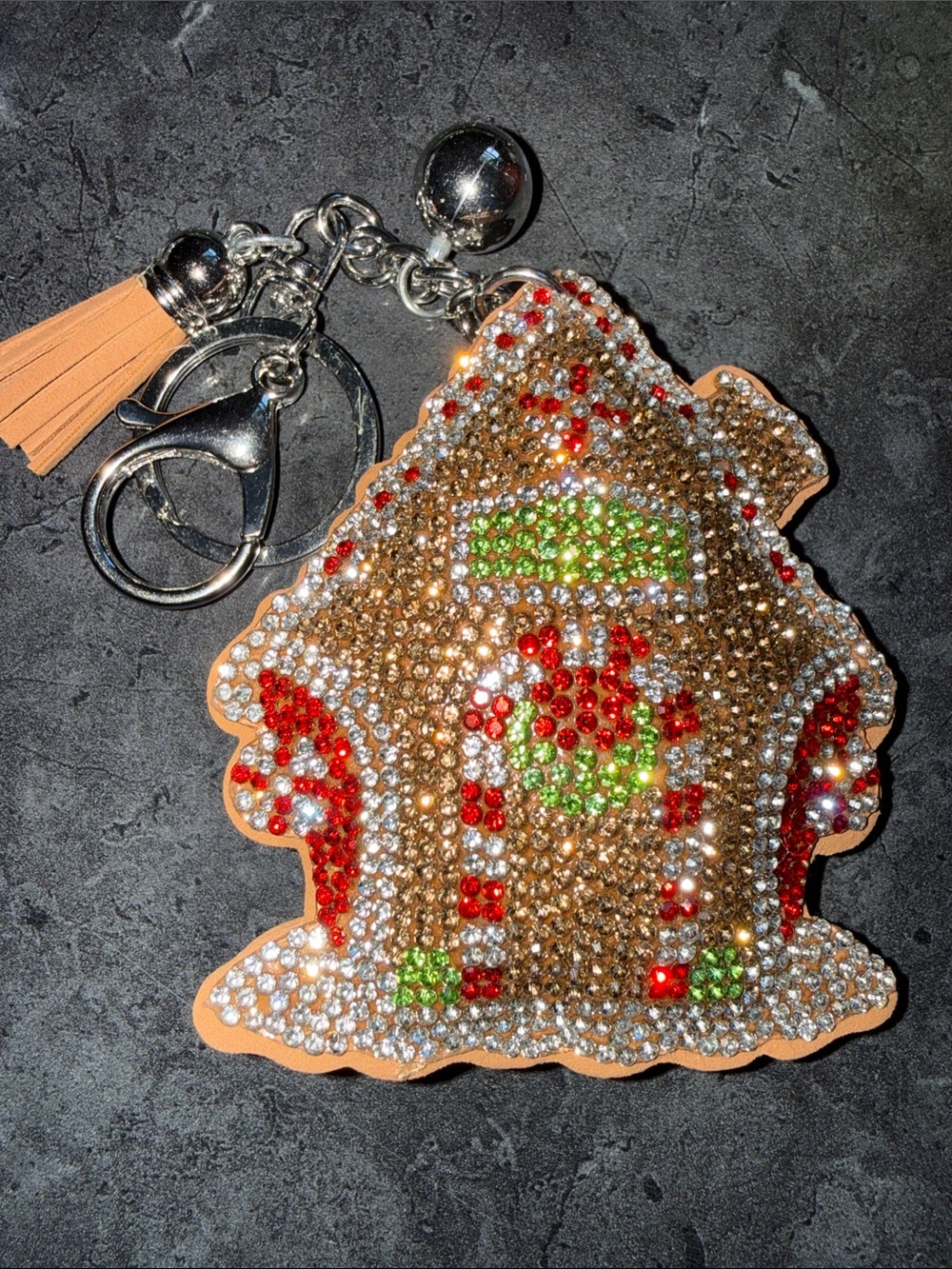 Rhinestone Gingerbread House Ornament Keychain in Brown/Red/Green
